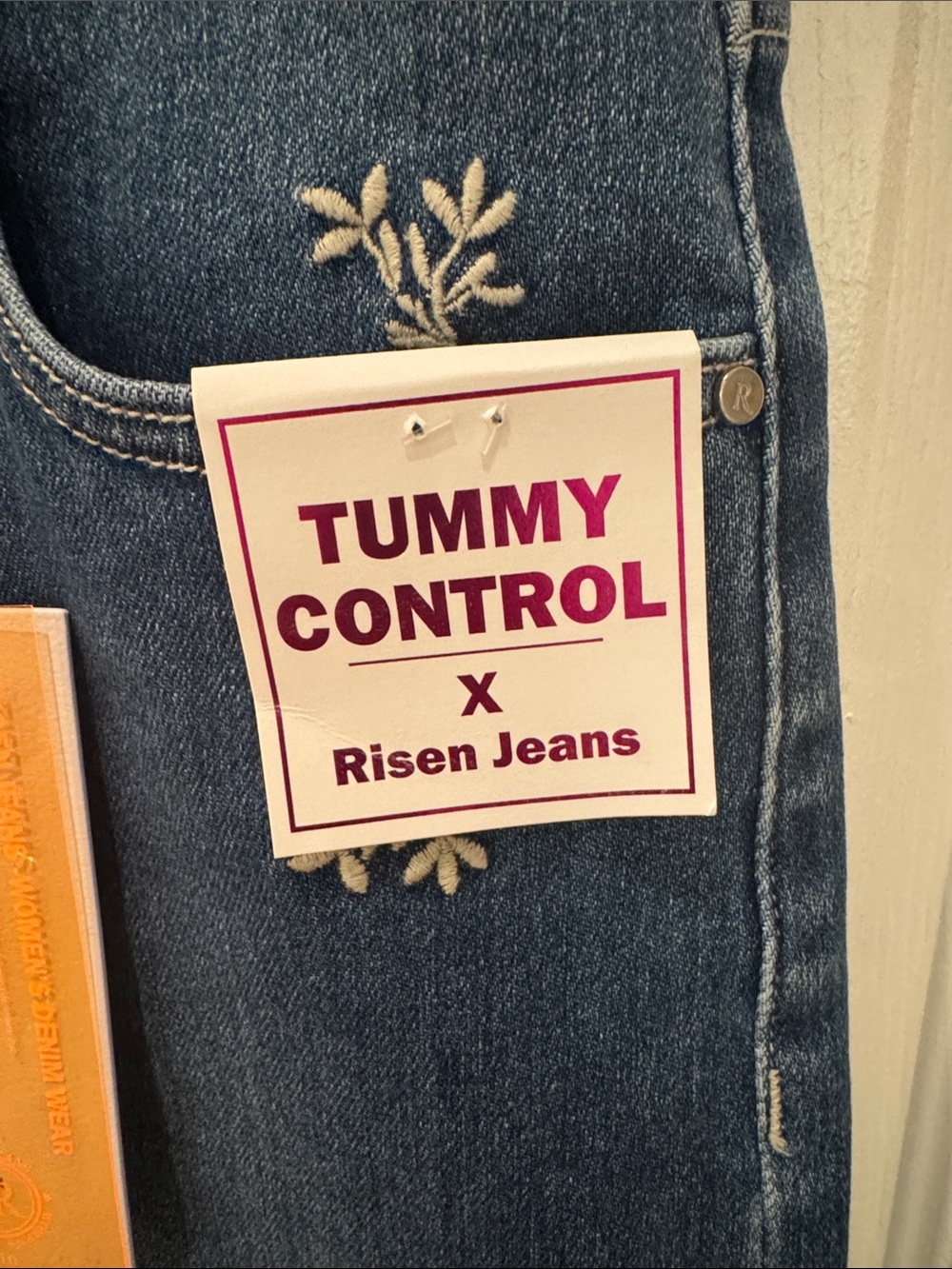 Risen LA wide-Leg Embroidered Jeans in Medium Blue — with Tummy Control - Picture 3 of 9
